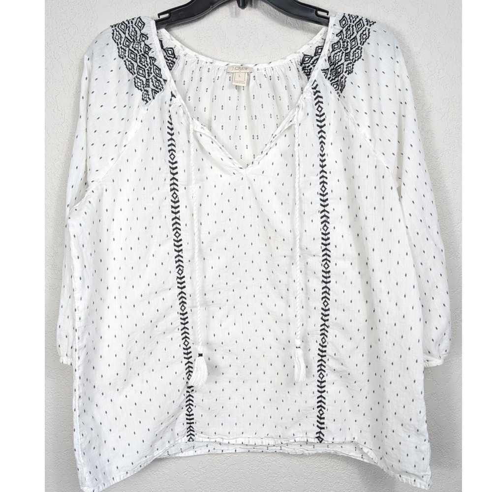 J.Crew Peasant Top Women L White Black Embroidered Tassel V-Neck‎ Boho Festival
